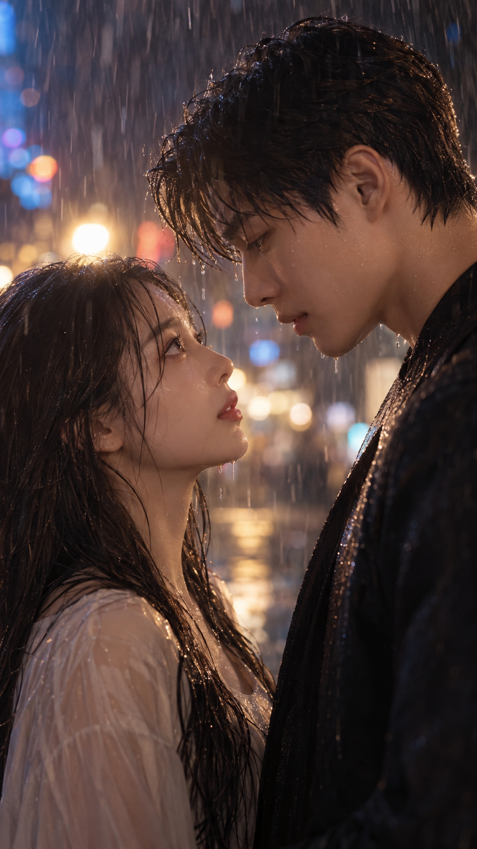 Illustrative vertical cinematic scene of a couple facing each other in the rain